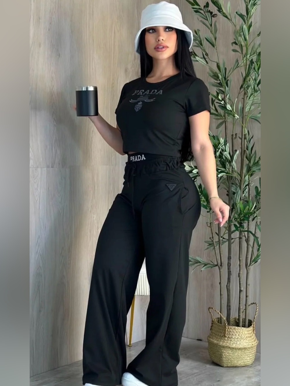 Black Wide-Leg Pants with Matching Black Logo Crop Tee size S